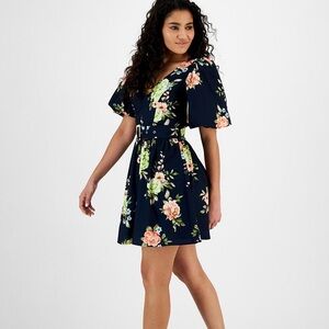 Rachel Rachel Roy Navy Floral V-Neck Dress – Short Sleeve, Fit & Flare